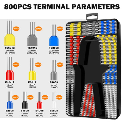 Wire Crimping Tool Kit with 750pcs Ferrules Terminals Hex Crimper for VE Tubular