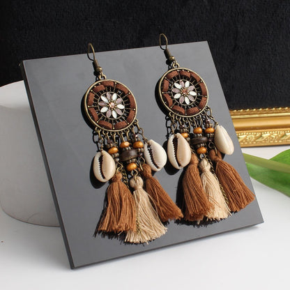 Bohemian Tassel Earrings - Shell Accent Maillard Tone Dangle Drops