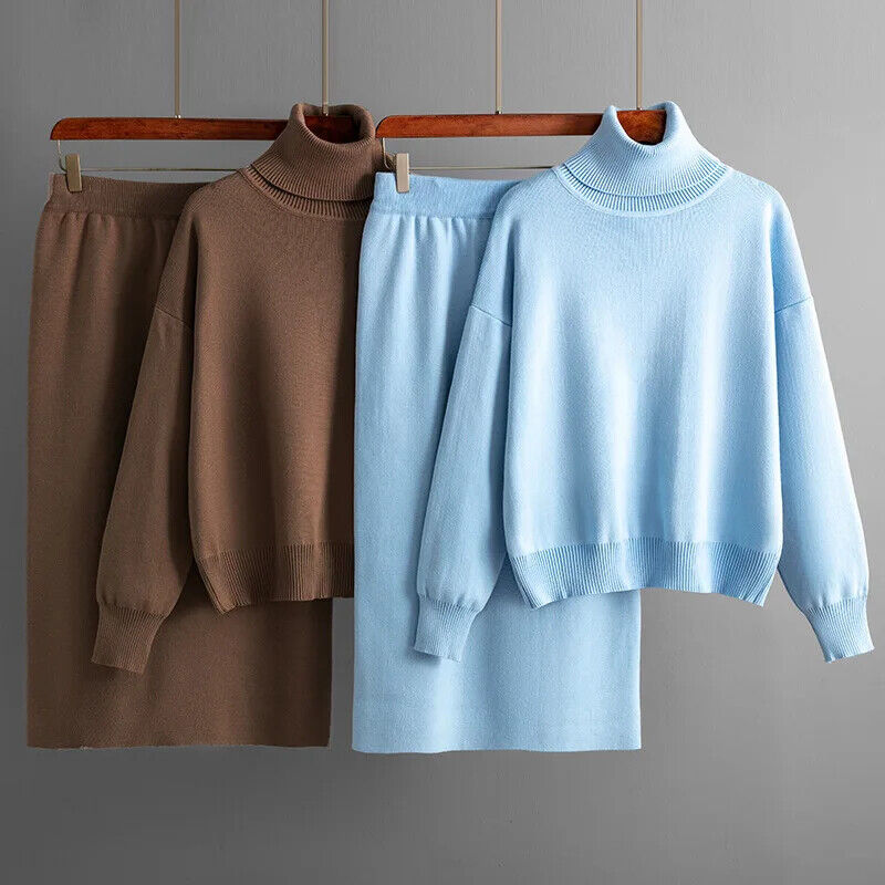 Women Turtleneck Skirt Suit Sweater Long Skirt 2 Piece Set Women Outifits Winter