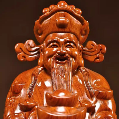 8" Chinese Hua Li Wood Carved God of Wealth Statue Feng Shui Home Decor