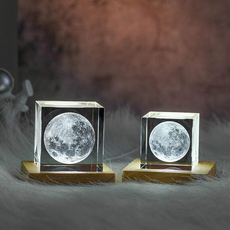 3D Moon Laser Etched Crystal Glass Cube LED Night Light Room Decor Creative Gift