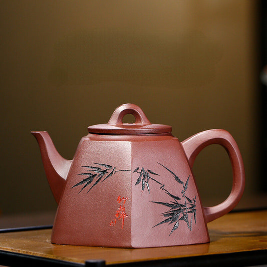 China Yixing Zisha Pottery Purple Clay Handmade 280cc Six Sides Bamboo Teapot