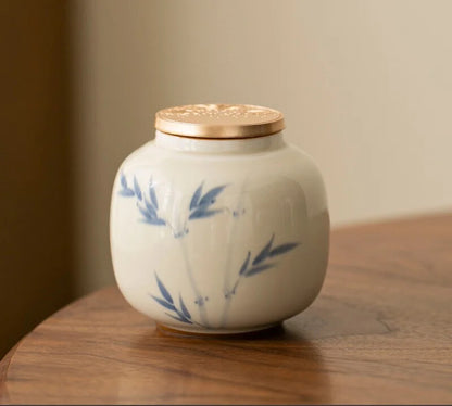 Hand Drawn Bamboo Persimmon Tea Jar Zen Ceramic Sealed Tea Can Storage Tank