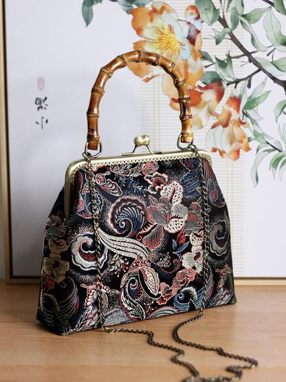 Bamboo Lock Shell Bag Vintage Flower Bag Chain Shoulder Crossbody Handmade Purse