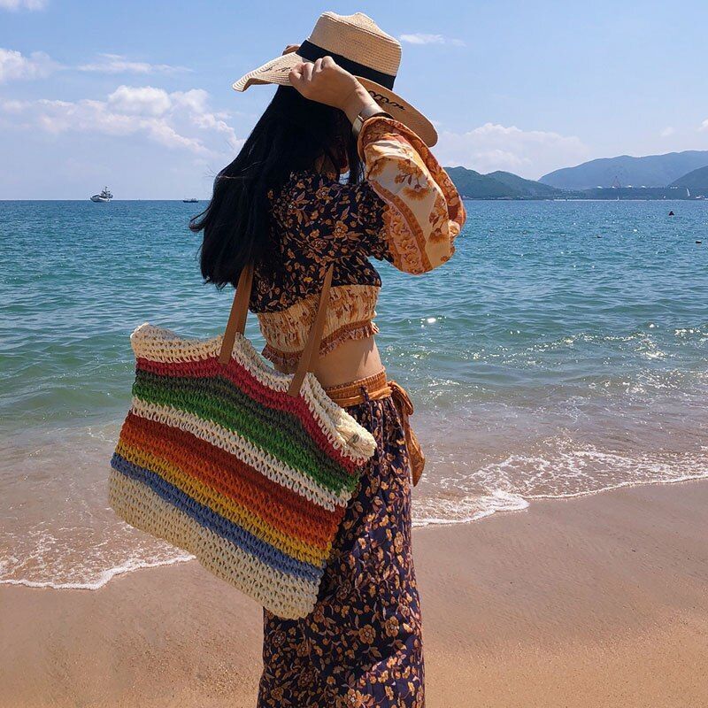 Rainbow Color Handbag Beach Bag Woven Handmade Knitted Straw Tote Shoulder Bags