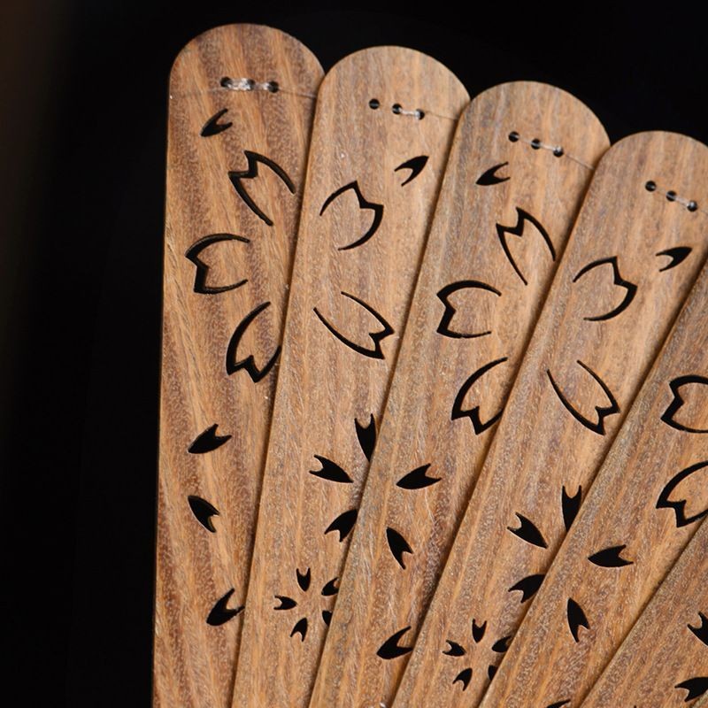 Green Sandalwood Suzhou Fan Hollow Cherry Blossom Folding Fan with Stand