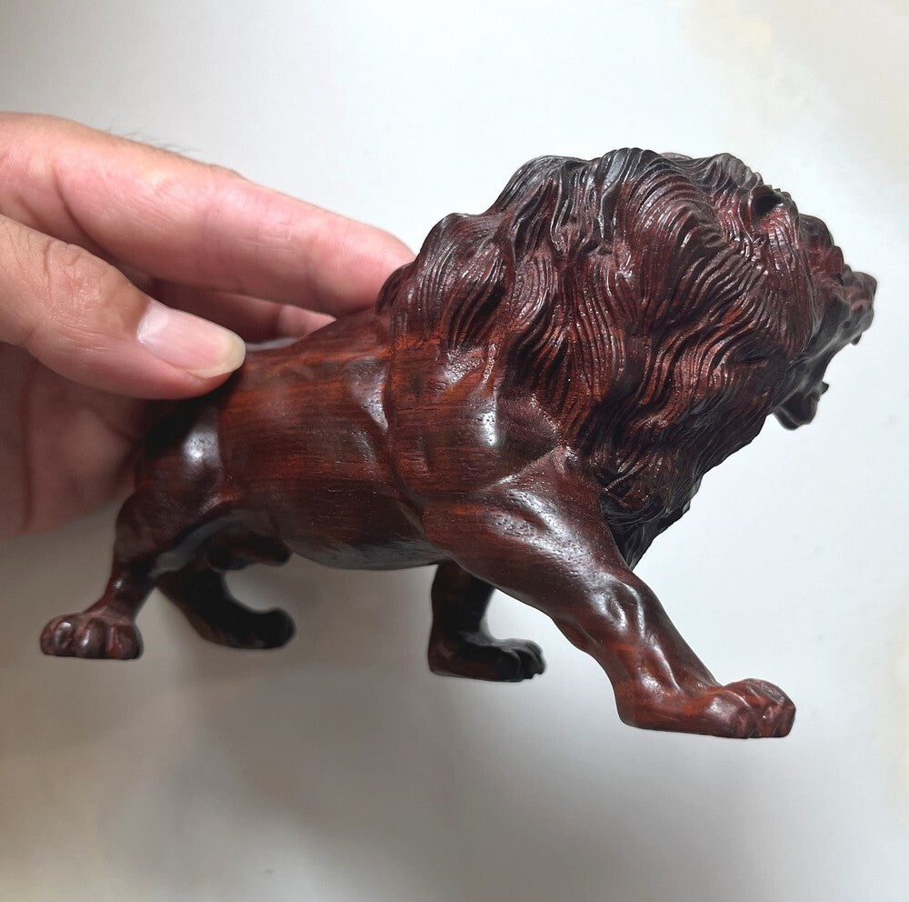 Natural Rosewood Carved Lion Statue Animal Sculpture Decor