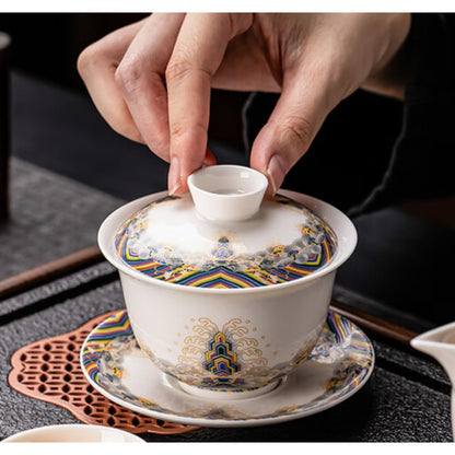 Jade Ceramics Enamel Colors Patterned Gaiwan 150ml 5.1oz White Kungfu Tea Set