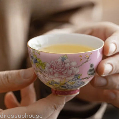 65ml Chinese Enamel Tea Cup Ceramic Peony Master Cup Tea Set Small Tea Bowl