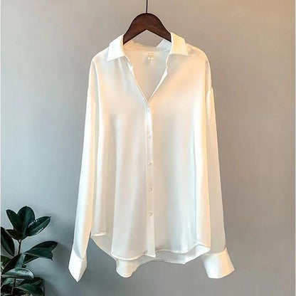 Color Ladies Baggy Solid Button-up Work Tops Blouse Women Long Sleeve Satin Silk