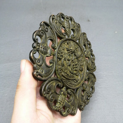 Old Chinese bronze copper handcarved fu word bat Pendant Waist card