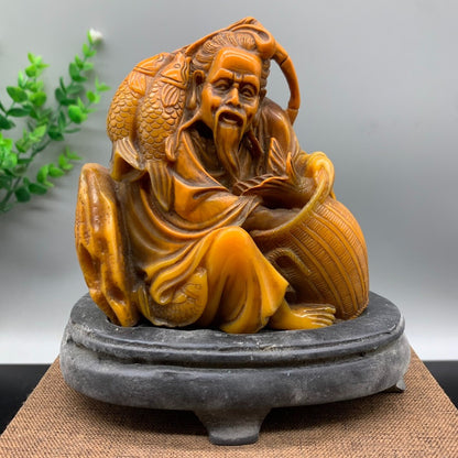 4" Noble Old Shoushan Stone Handwork Carved Old Fisherman Fish Statue Seal Stamp