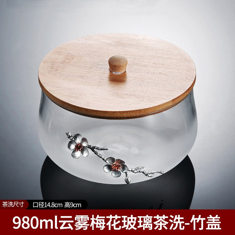 Glass Tea Washing Tea Bowl with Lid Large Water Basin Home Tea Set Accessories