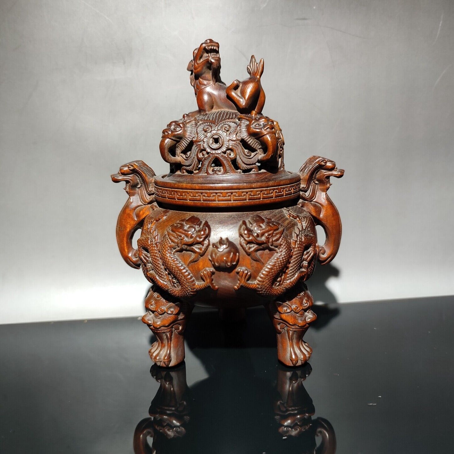 vintage Boxwood Tripod Censer incense holder dragon statue Essential oil incense