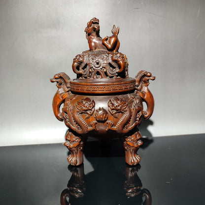 vintage Boxwood Tripod Censer incense holder dragon statue Essential oil incense