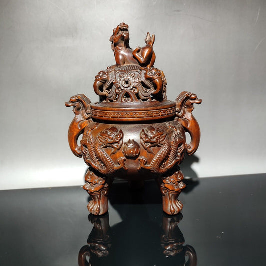 vintage Boxwood Tripod Censer incense holder dragon statue Essential oil incense