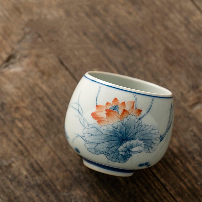 Antique Chinese Lotus Vintage Tea Cup Ceramic Cask Cup Teacup Teaware