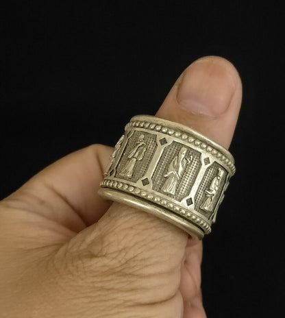Collectible old tibet silver carved eight immortals double Ring revolve luck