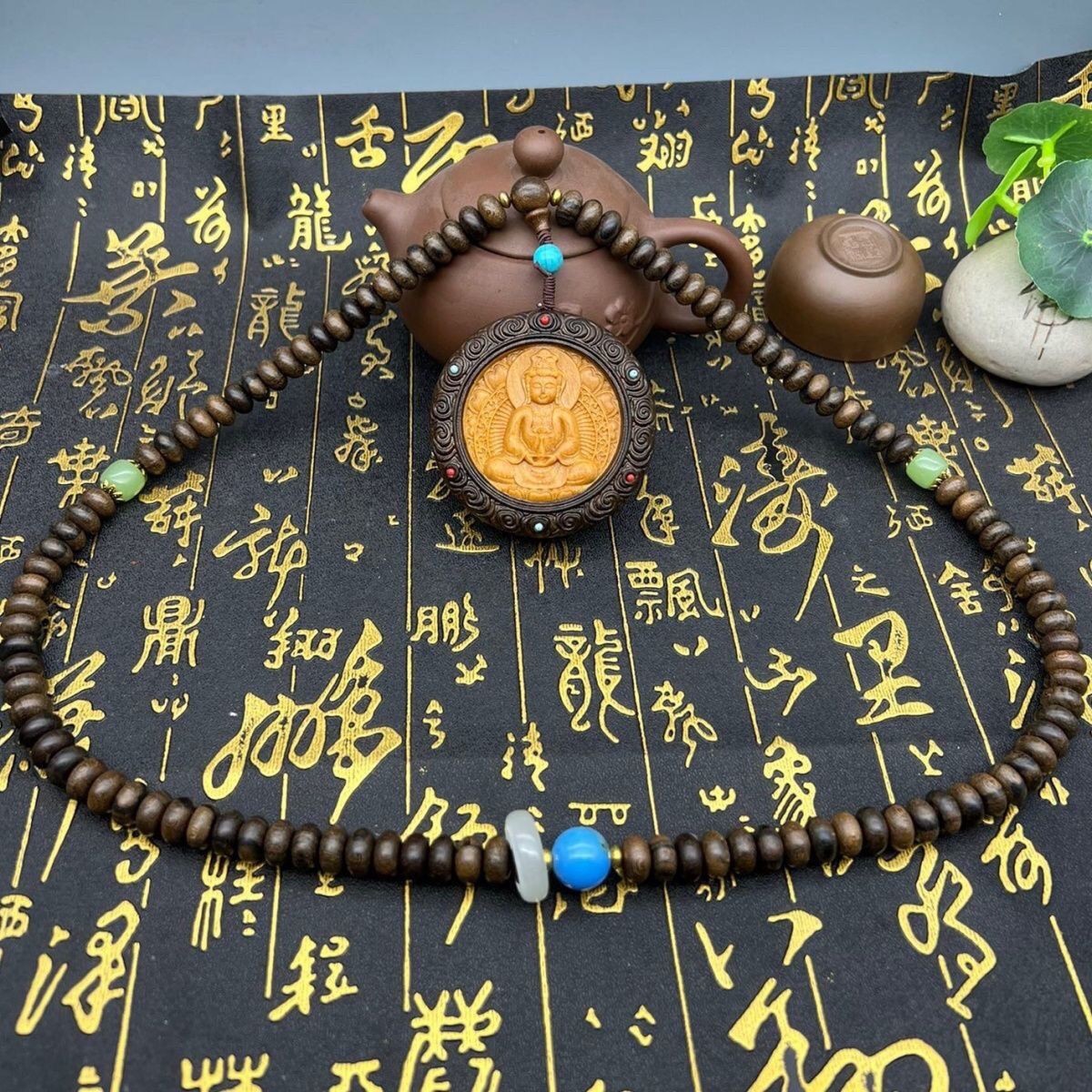 China Natural Wood Carving KWAN-YIN Pendant Blessing Abacus Beads Necklace Gift