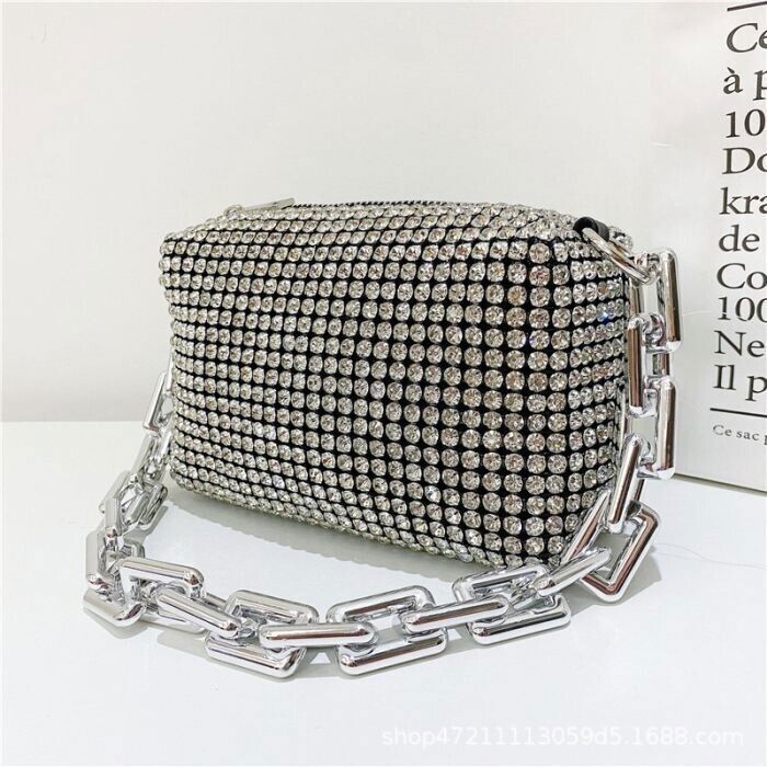 Woman' s Clutch With Thick Chain Handle Silver Full Crystal Jewelled Hand Bag
