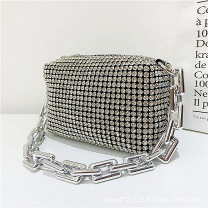 Woman' s Clutch With Thick Chain Handle Silver Full Crystal Jewelled Hand Bag
