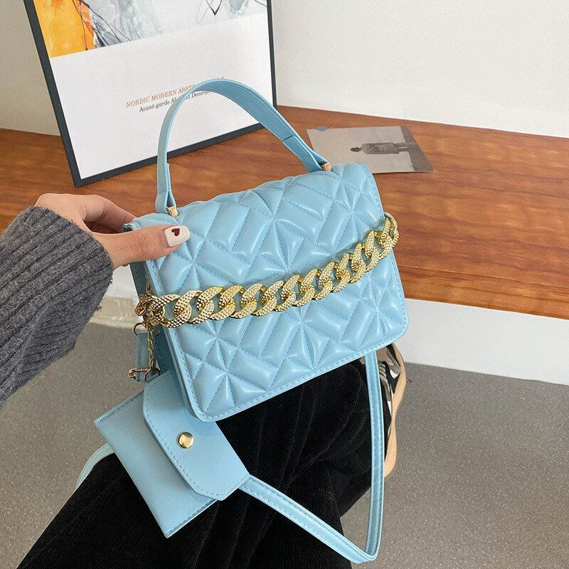Women Synthetic Leather Shoulder Bag Fashion Plaid Crossbody Bag 20*14*6 CM Blue