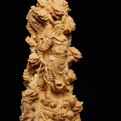 8" New Cypress Wood Carved Guan Yu Guan Gong Warrior Dragon Statue Figurine