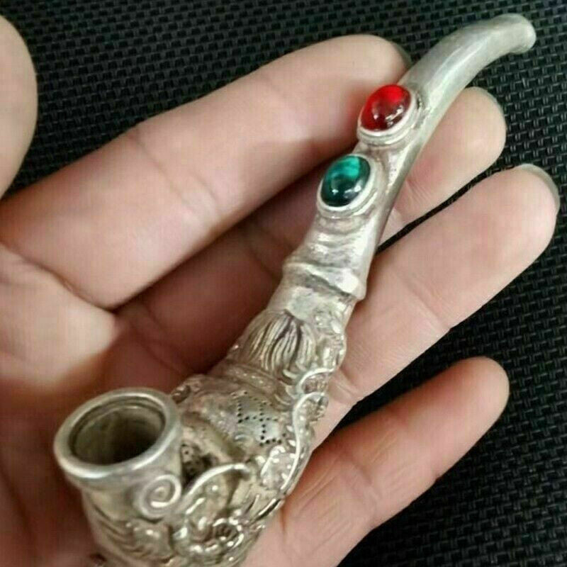 Old Chinese tibet silver hand-carved Dragon phoenix inlay gem pipe Smoking tools