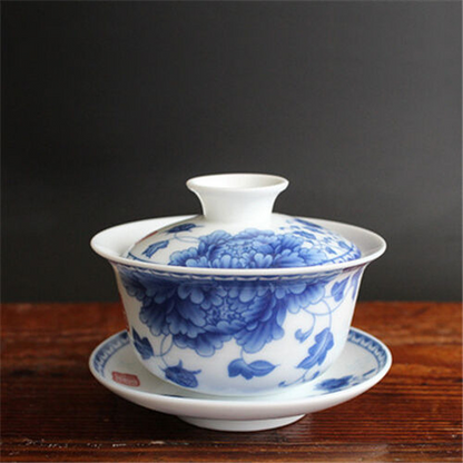 3.7" Chinese Porcelain Tea Set Ceramic Gaiwan Floral Tea Cup Lid Saucer Collect