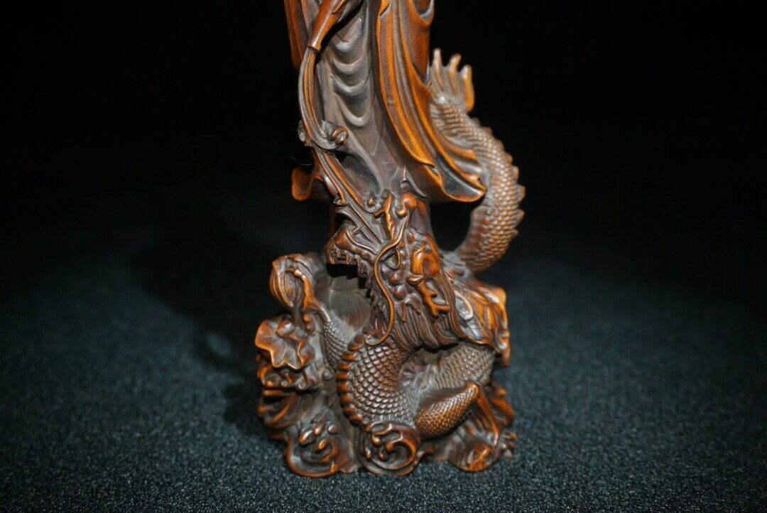 Antique Boxwood Carved Kwan Yin Statue Dragon Thinking Woman Art Wood Sculpture