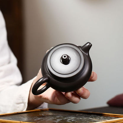 True Yixing Zisha Zhu Black Clay Pot Marked Lotus Carved Handmade Master Tea Pot