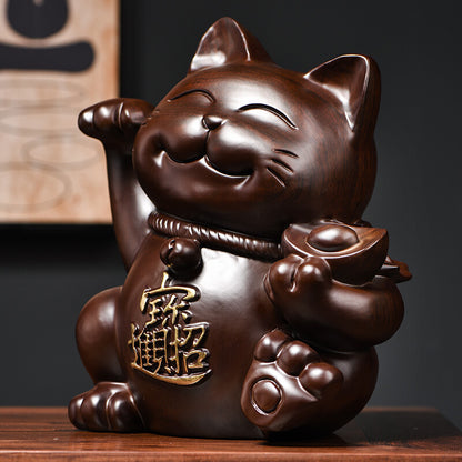 Solid Chinese Ebony Wood Statue Lucky Money Cat Feng Shui Amulet Decor
