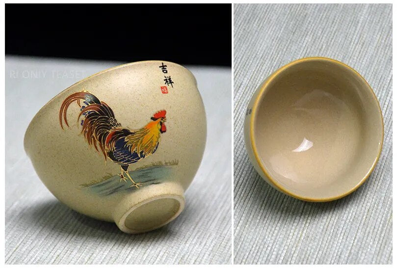 Antique Pottery Ceramic Teacup Hand Painted Cock Tea Cup Travel Portable