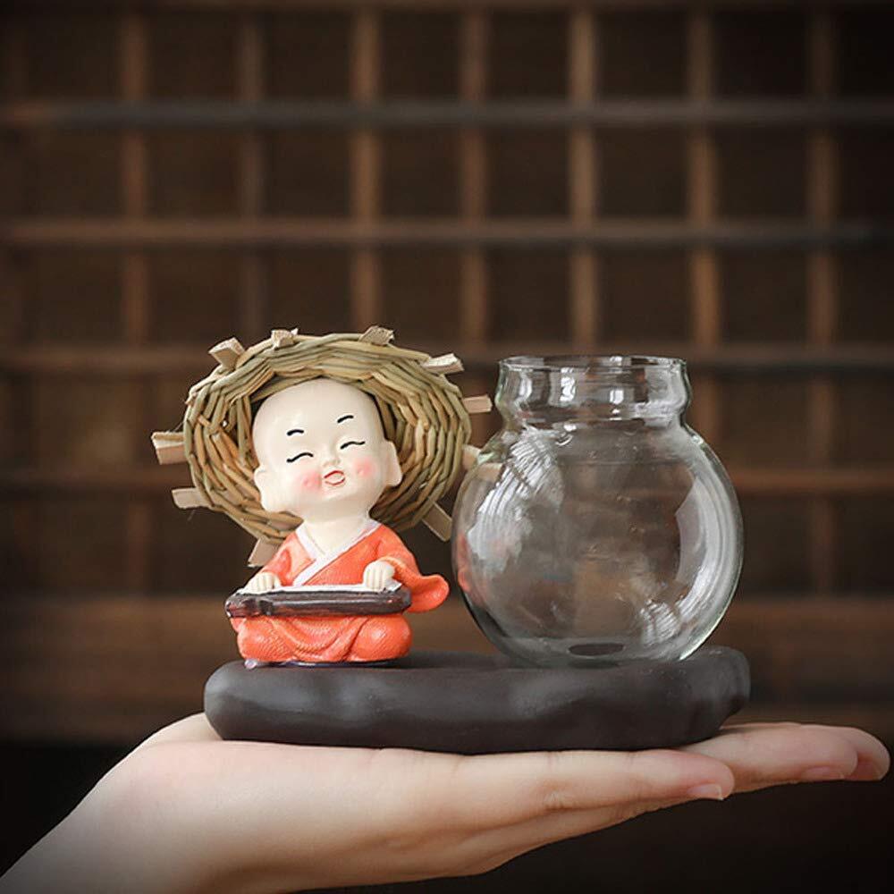 Chinese Straw Hat Monk Buddha Statue Flower Pot Hydroponic Glass Vase Home