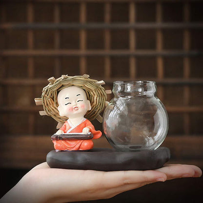 Chinese Straw Hat Monk Buddha Statue Flower Pot Hydroponic Glass Vase Home