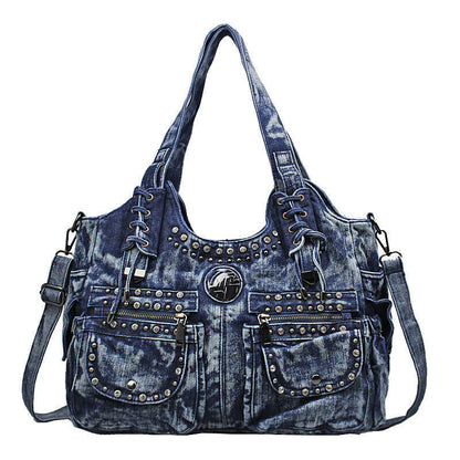 Ladies Punk Rock Travel Denim Rivet Shoulder Handbag Messenger Denim Bag Fashion
