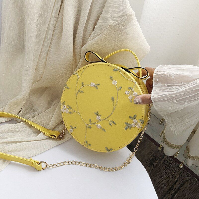 Small Flower Print Chain Shoulder Bag Lace Round Handbags Leather Crossbody Bags