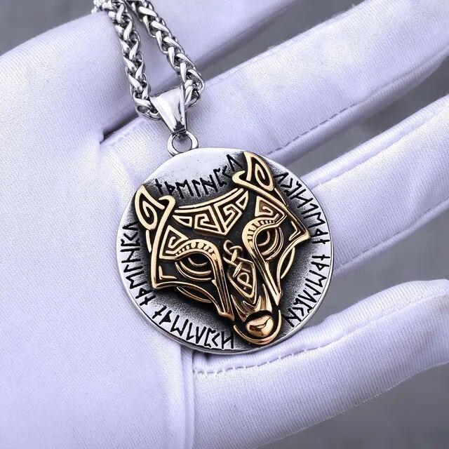Wolf Necklaces Viking Style Wolf Head Pendant Runes Stainless Steel Necklace