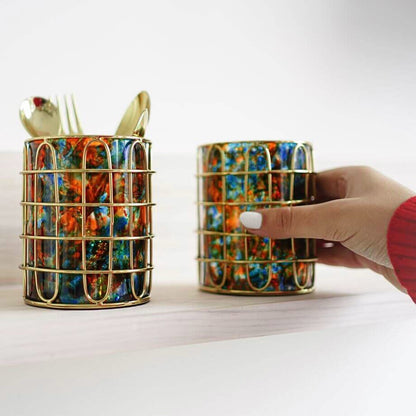 Set of 2 Stainless Steel (Gold Color) and Turquoise Glass Silverware Holders