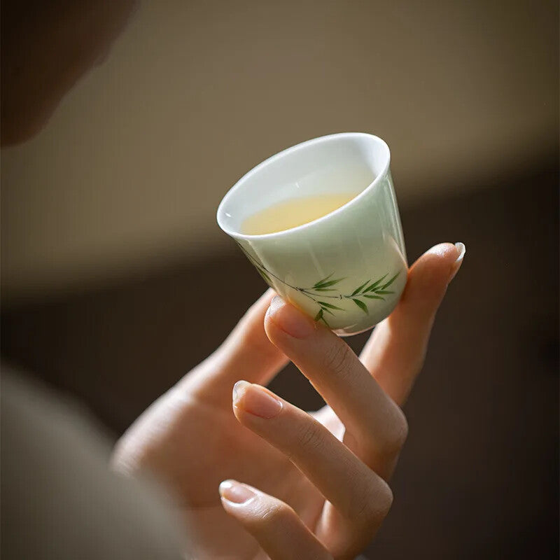 Chinese Style Hand Painted Dark Green Bamboo Small Tea Cup Fragrant Tea Cup