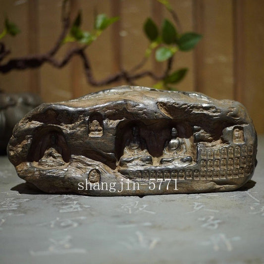 Old Stone Carved Buddha Statue Zen Buddhism Belief Home Office Decor