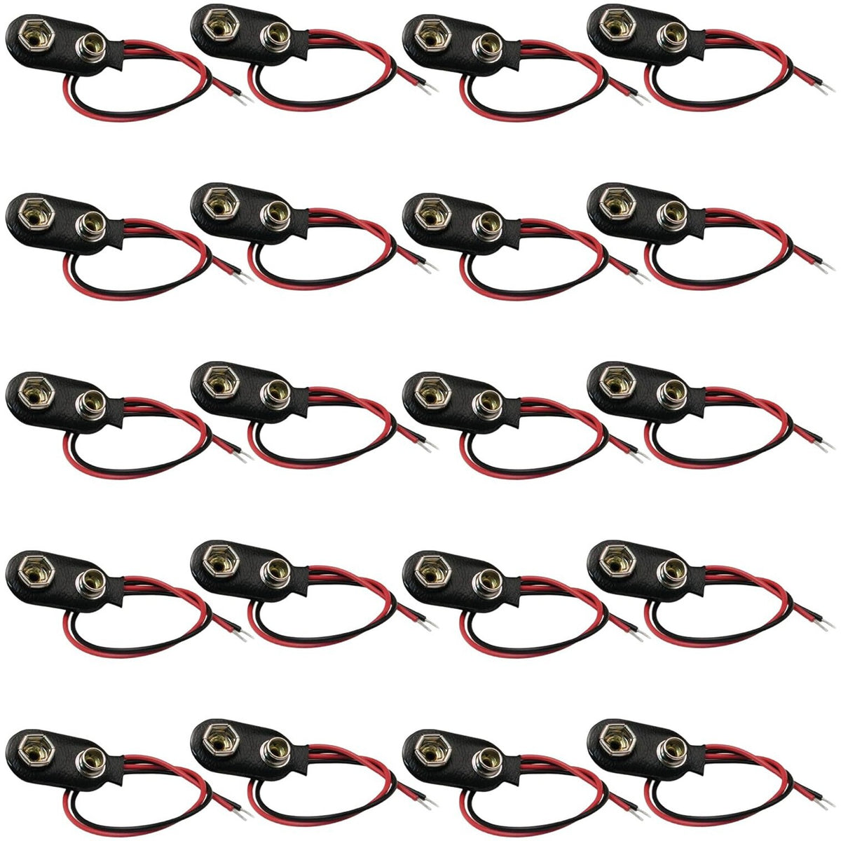 20 Pack 9V Battery Snaps w/ Red & Black Leads, I-Type (1.17" x 0.63" x 0.27")