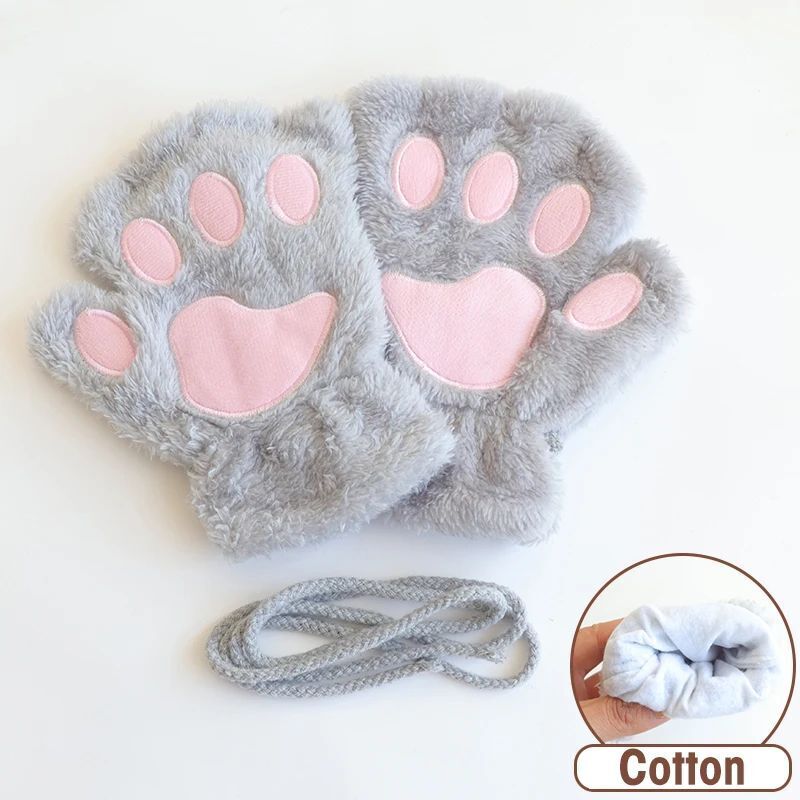 Women Fingerless Gloves Plush Fluffy Cat Paw Claw Panda Mittens Warm Winter Wear