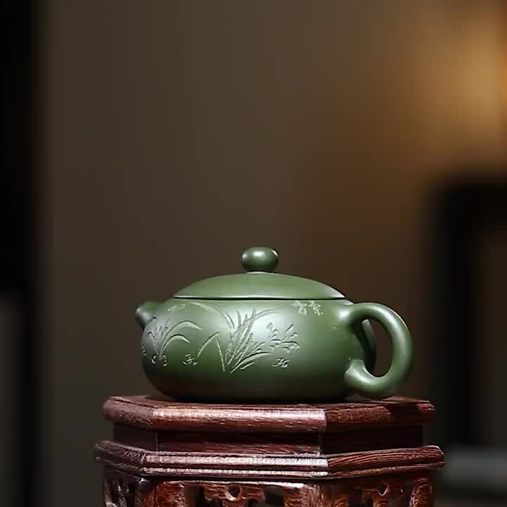 Flat Xishi Pot Marked Real Yixing Zisha Green Clay Tea Pot Chinese Kungfu Teapot