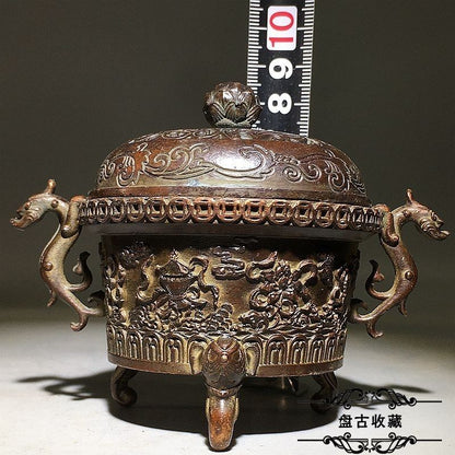 Wealth Dragon Ear Incense Burner 8.5cm Carved Eight Auspicious Symbols