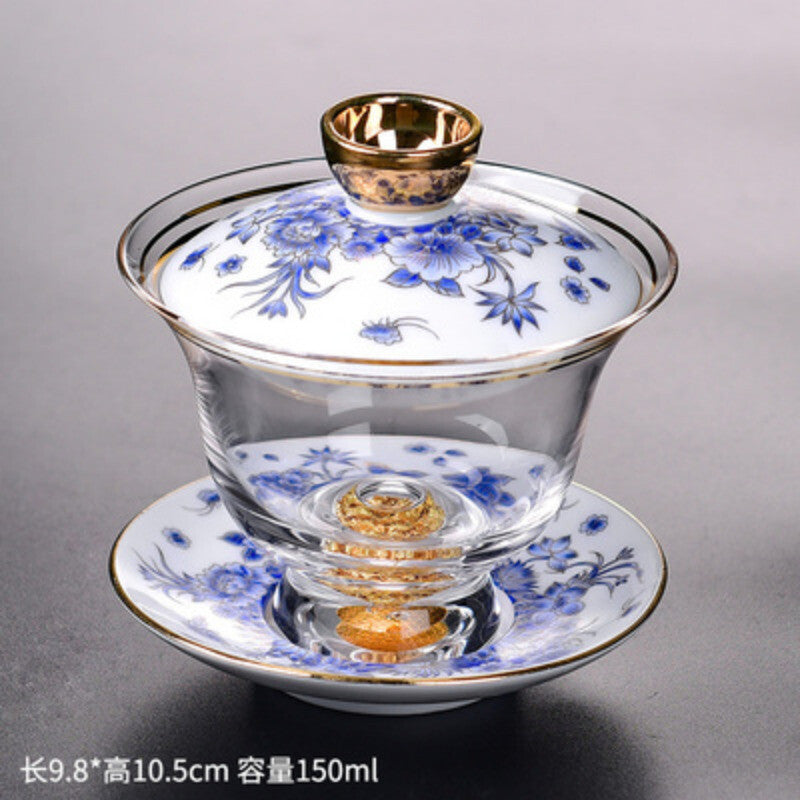 Tea Bowl Thickened Glass Tureen Tea Cover Bowl Lid Sancai Gaiwan Hand Painted