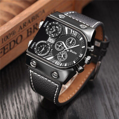 Reloj De Pulsera Grande Cuarzo Multi-zona Correa De Cuero Deportes Para Hombres