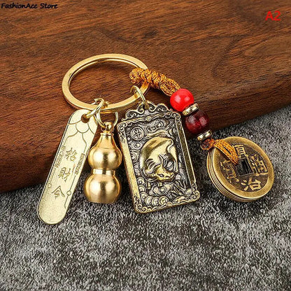 Chinese Style Zodiac Brass Gourd Five Emperors Money Keychain Metal Fengshui