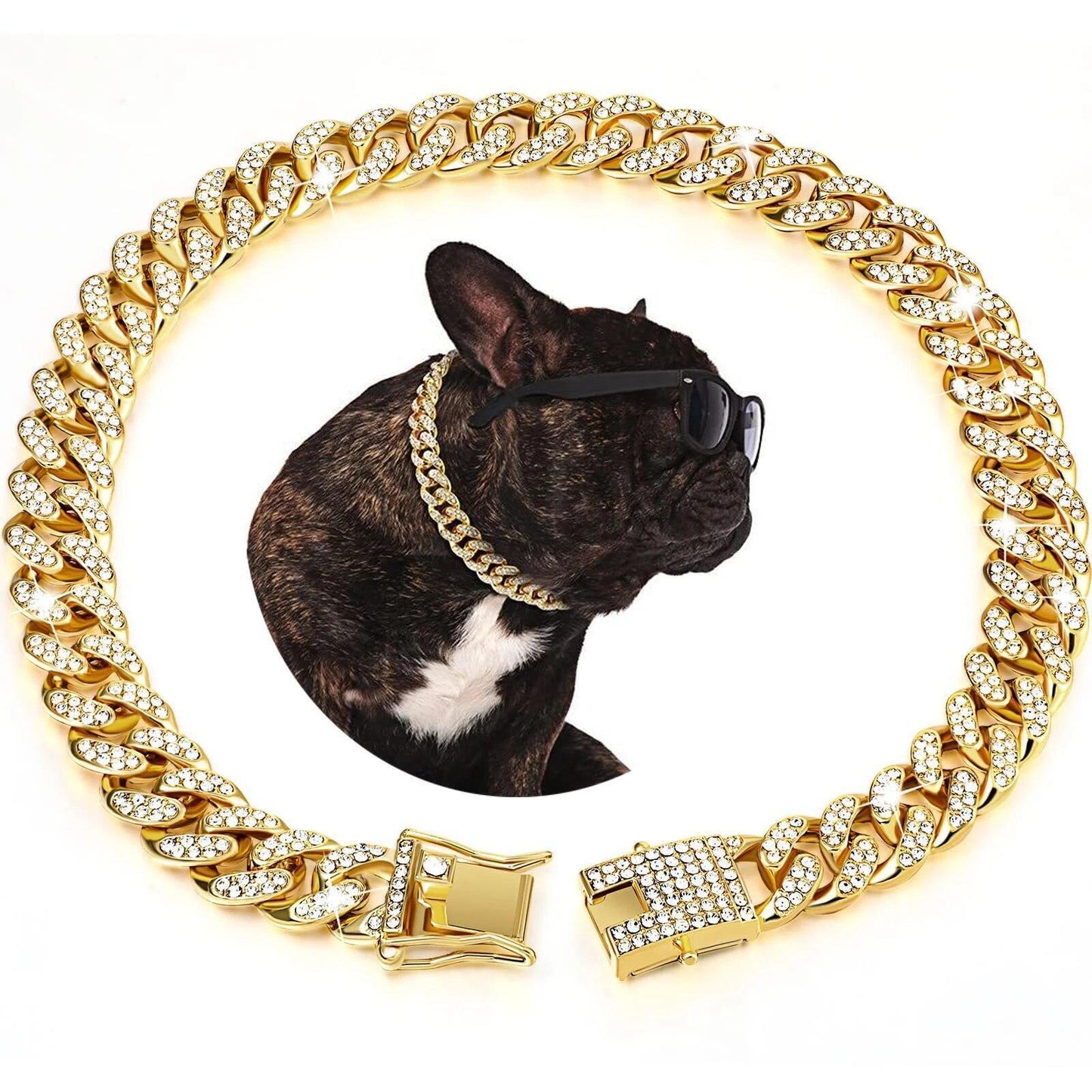 Luxury Dog Collar Diamond Chain Cuban Gold Rhinestones Pitbull Cat Necklace Gold