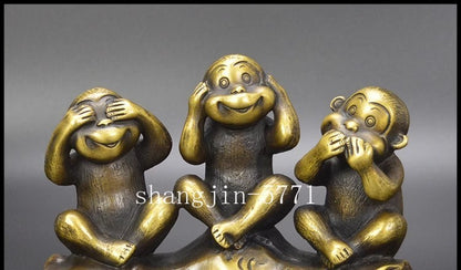 Brass 3 Wise Monkeys Figurine See Hear Speak No Evil Statue Zen Home Decor